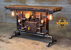 Steampunk Industrial Table / Pub, sofa console / Antique Furnace Door /  Barnwood / Table #4275