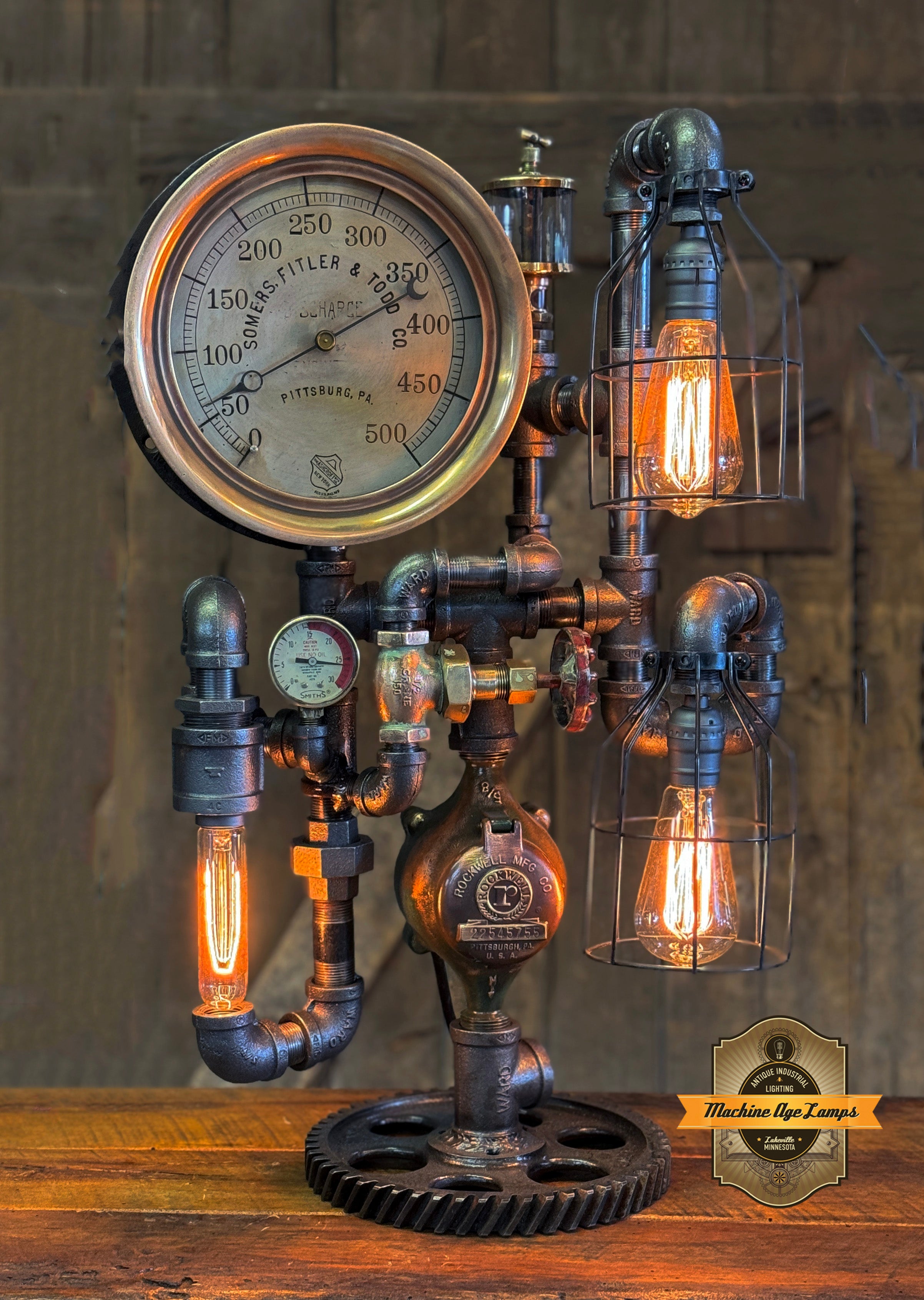 geared gauge Steampunk Industrial / Antique Steam Gauge / Pittsburg PA / Gear / Lam