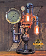 Steampunk Industrial  / Antique Steam Gauge / Gear Base / JeanevilleL / lamp #4255