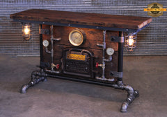 Steampunk Industrial Table / Pub, sofa console / Antique Furnace Door /  New York / Barnwood / Table #4375
