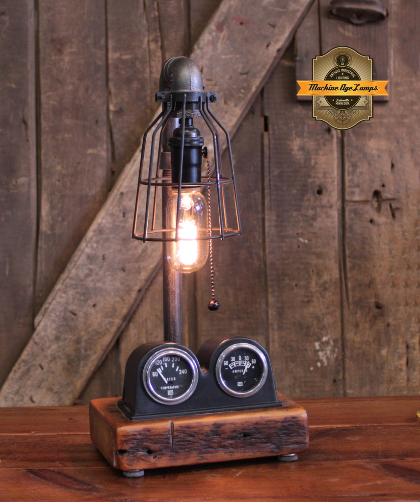 Steampunk Industrial / Vintage Stewart Warner Gauges / Automotive / Barnwood / Lamp #4331