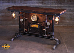 Steampunk Industrial Table / Pub, sofa console / Antique Furnace Door /  New York / Barnwood / Table #4375