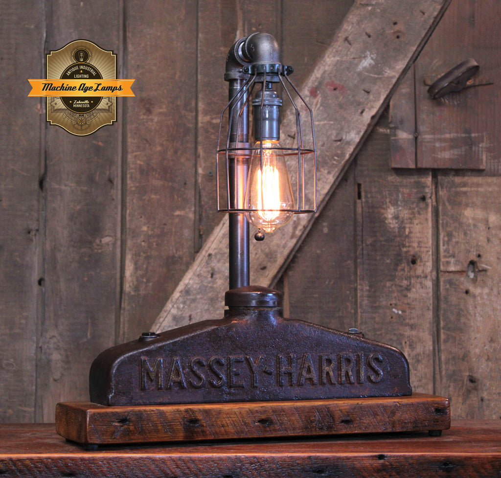 Steampunk Industrial Lamp / Antique Massey Harris Farm Tractor / Barnwood base / Lamp #4442