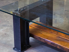 Steampunk Industrial / Clasic Iron I Beam  / Barnwood shelf / Glass Top  / Table model #4280 Ser #001