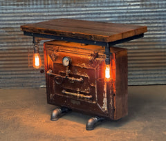 Steampunk Industrial / Barn Wood Top / Side Table Stand / Furnace Door / Gauges / Table #4352