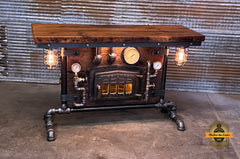Steampunk Industrial Table / Pub, sofa console / Antique Furnace Door /  Barnwood / Table #5044