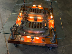 Steampunk Industrial Barnwood Coffee Table / Machine Age Lamps / Steam Gauge / Boiler Door /  Table  #4132