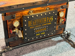 Steampunk Industrial Table / Pub, sofa console / Antique Furnace Door /  Beartooth Pass, Montana Barnwood / Table #6000