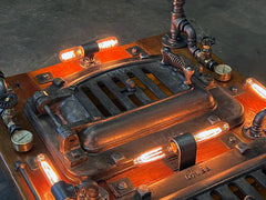Steampunk Industrial Barnwood Coffee Table / Machine Age Lamps / Steam Gauge / Boiler Door /  Table  #4132