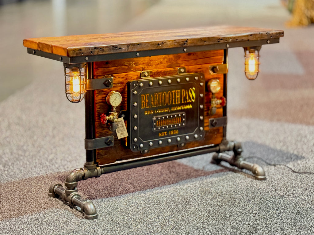 Steampunk Industrial Table / Pub, sofa console / Antique Furnace Door /  Beartooth Pass, Montana Barnwood / Table #6000