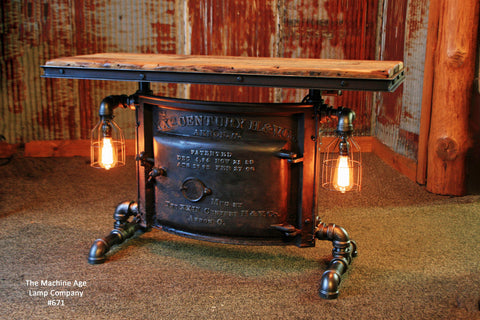 Antique Steampunk Industrial Boiler Door Table Stand, Reclaimed Wood Top, Akron Ohio - #671 - Sold