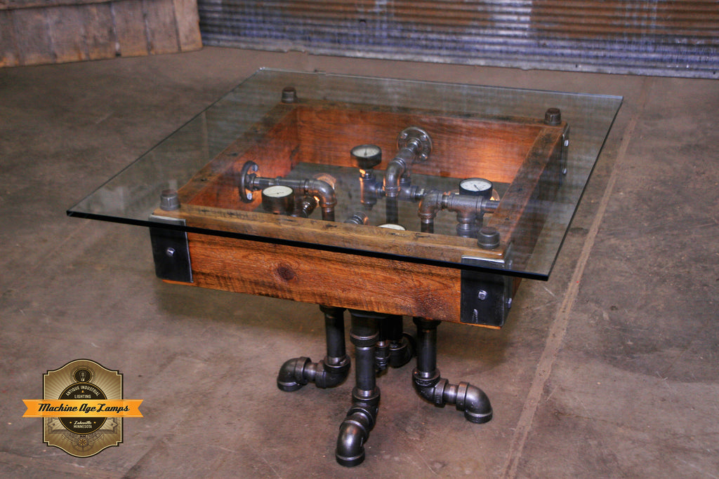 Steampunk Antique Industrial / Coffee Table / Barn Wood / Steam Gauge  #2718