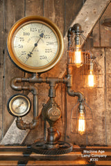 Steampunk Lamp, Antique 12" Steam Gauge and Gear Base #330 - SOLD