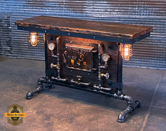 Steampunk Industrial Table / Pub, sofa console / Antique Furnace Door /  Barnwood / Table #4076