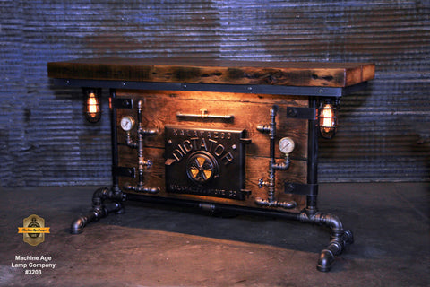 Steampunk Industrial Table / Pub, sofa console / Antique Furnace Door / Barnwood / Table #3203 sold
