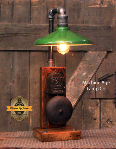 Steampunk Antique / Machine Age Lamp / Barnwood / Alarm bell / Green Shade / Lamp #3900