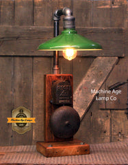 Steampunk Antique / Machine Age Lamp / Barnwood / Alarm bell / Green Shade / Lamp #3900