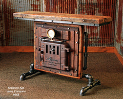 Antique Steampunk Industrial Boiler Door Table Stand, Reclaimed Wood Top - #668 - Sold