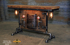 Antique Steampunk Industrial Boiler Door Table Stand, Reclaimed Wood Top - #2719