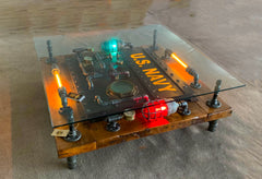 Steampunk Industrial / Barnwood  / 48" Square Glass Top / Nautical Coffee Table / Navy / #3090