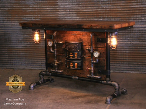 Steampunk Industrial Table / Pub, sofa console / Antique Furnace Door /  Barnwood / Table #3886