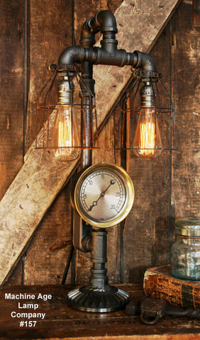 Steampunk Industrial Lamp, Steam Gauge and Gear Base #157