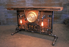 Antique Steampunk Industrial Boiler Door Table Stand / Steam Gauge   / Reclaimed BarnWood Top - #2794