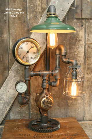 Steampunk Lamp, Steam Gauge and Green Shade #224 - Sold