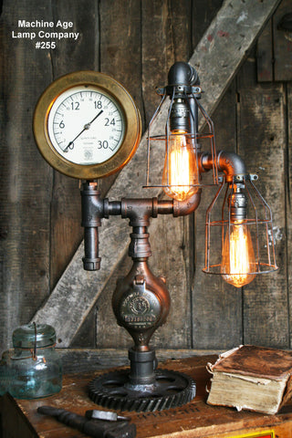 Steampunk Industrial Lamp, Steam Gauge, Green Shade  #255 - SOLD