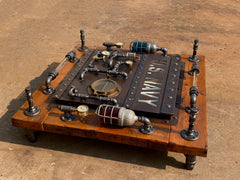 Steampunk Industrial / Barnwood  / 48" Square Glass Top / Nautical Coffee Table / Navy / #3090