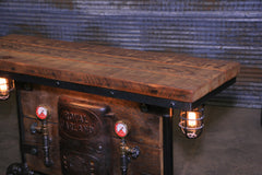 Antique Steampunk Industrial Boiler Door Table Stand, Reclaimed Wood Top - #2719