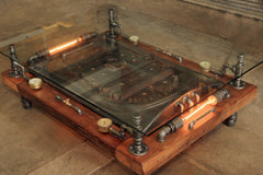 Steampunk Industrial Barnwood Coffee Table / Machine Age Lamps / Steam Gauge / Boiler Door /  Table  #2533