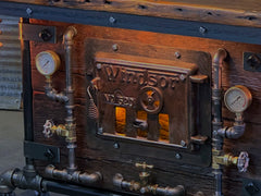 Steampunk Industrial Table / Pub, sofa console / Antique Furnace Door /  Barnwood / Table #4076