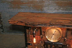 Antique Steampunk Industrial Boiler Door Table Stand / Steam Gauge   / Reclaimed BarnWood Top - #2794