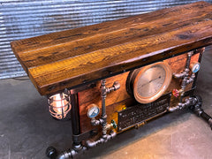 Steampunk Industrial Table / Pub, sofa console / Antique builder Plate Rex / Steam Gauge / Barnwood / Table #3626