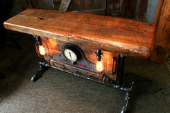 Industrial Antique Steam Gauge Lamp Stand Table, Old Barn Wood Top, #805 - SOLD