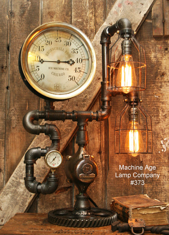 Steampunk Lamp, Antique 10" Steam Gauge and Gear Base #373 - SOLD