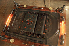 Steampunk Industrial Barnwood Coffee Table / Machine Age Lamps / Steam Gauge / Boiler Door /  Table  #2533