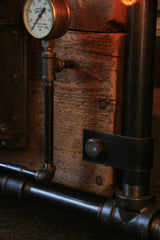 Antique Steampunk Industrial Boiler Door Table Stand, Reclaimed Wood Top - #1005