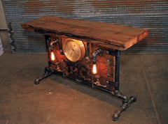 Antique Steampunk Industrial Boiler Door Table Stand / Steam Gauge   / Reclaimed BarnWood Top - #2794