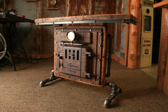 Antique Steampunk Industrial Boiler Door Table Stand, Reclaimed Wood Top - #668 - Sold