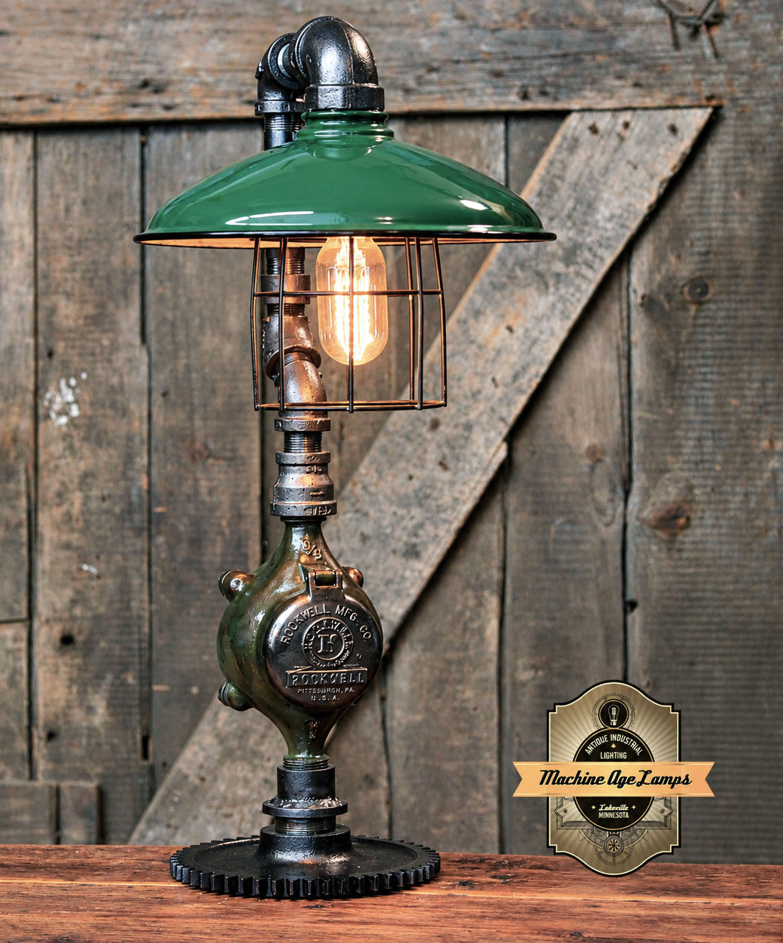 Steampunk Industrial / Antique  Green Shade / Gear Base / #4880