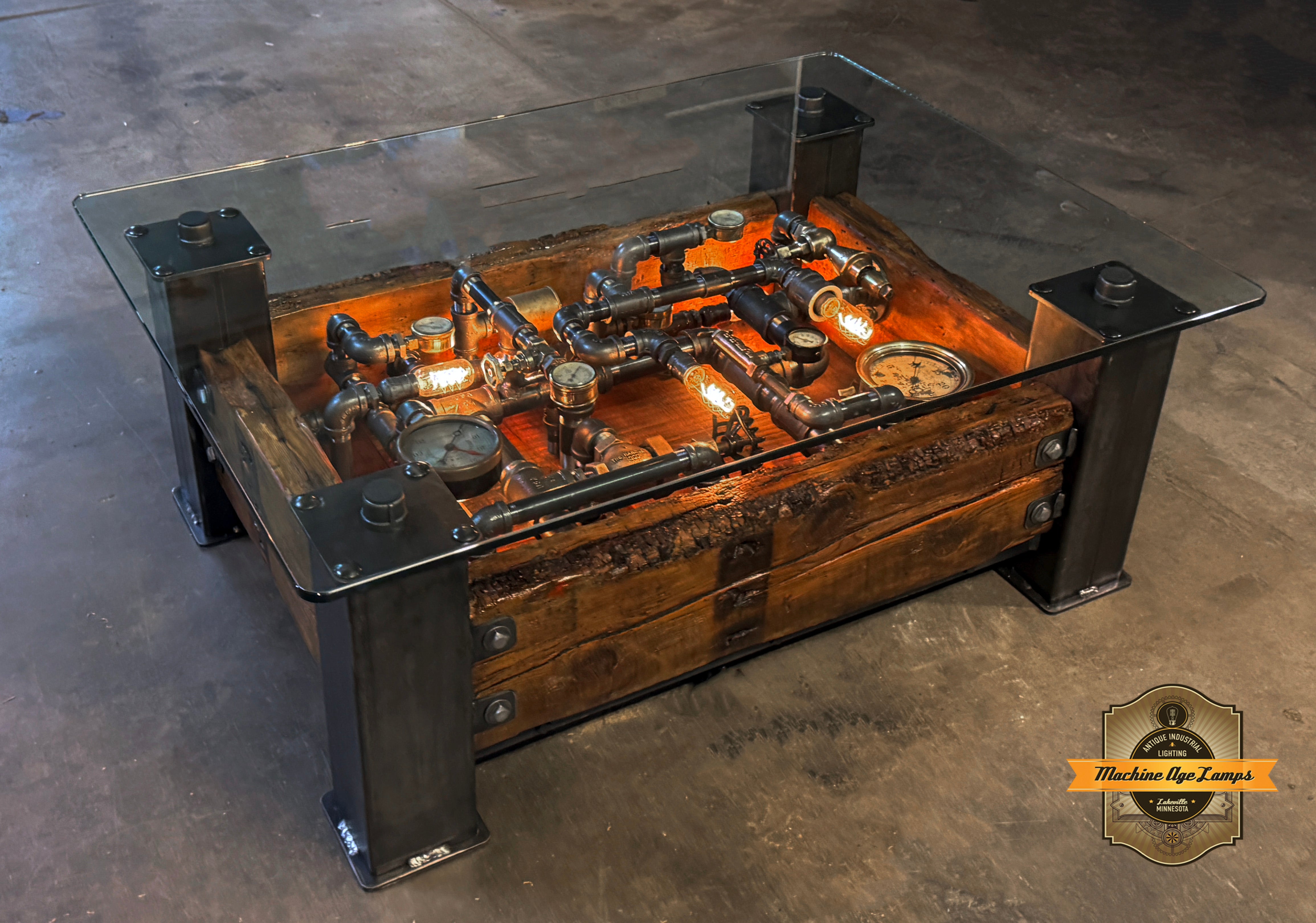 Steampunk Industrial Barnwood Coffee Table Steam Gauge #4606