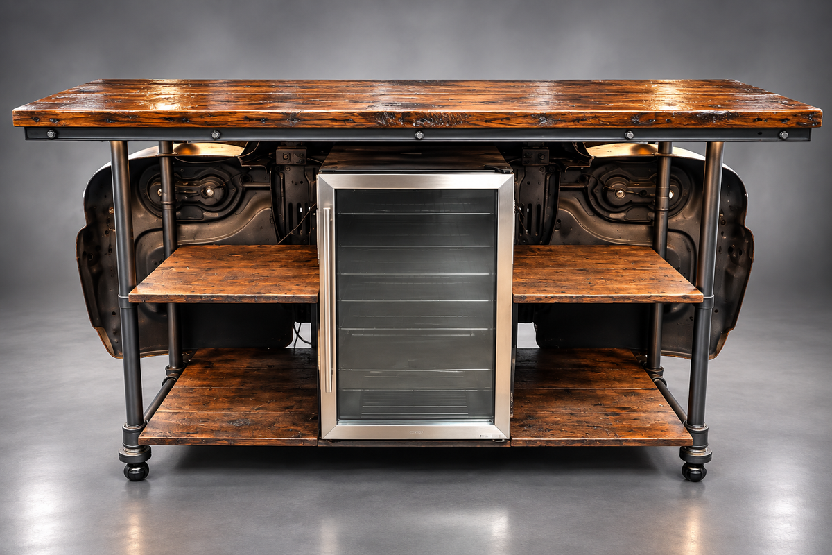 Steampunk Industrial 1950'S GMC Truck Automotive Pub Table Bar with Refrigerator
