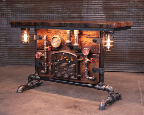 Steampunk Industrial Table / Pub, sofa console / Antique Furnace Door / Barnwood / Table #4496