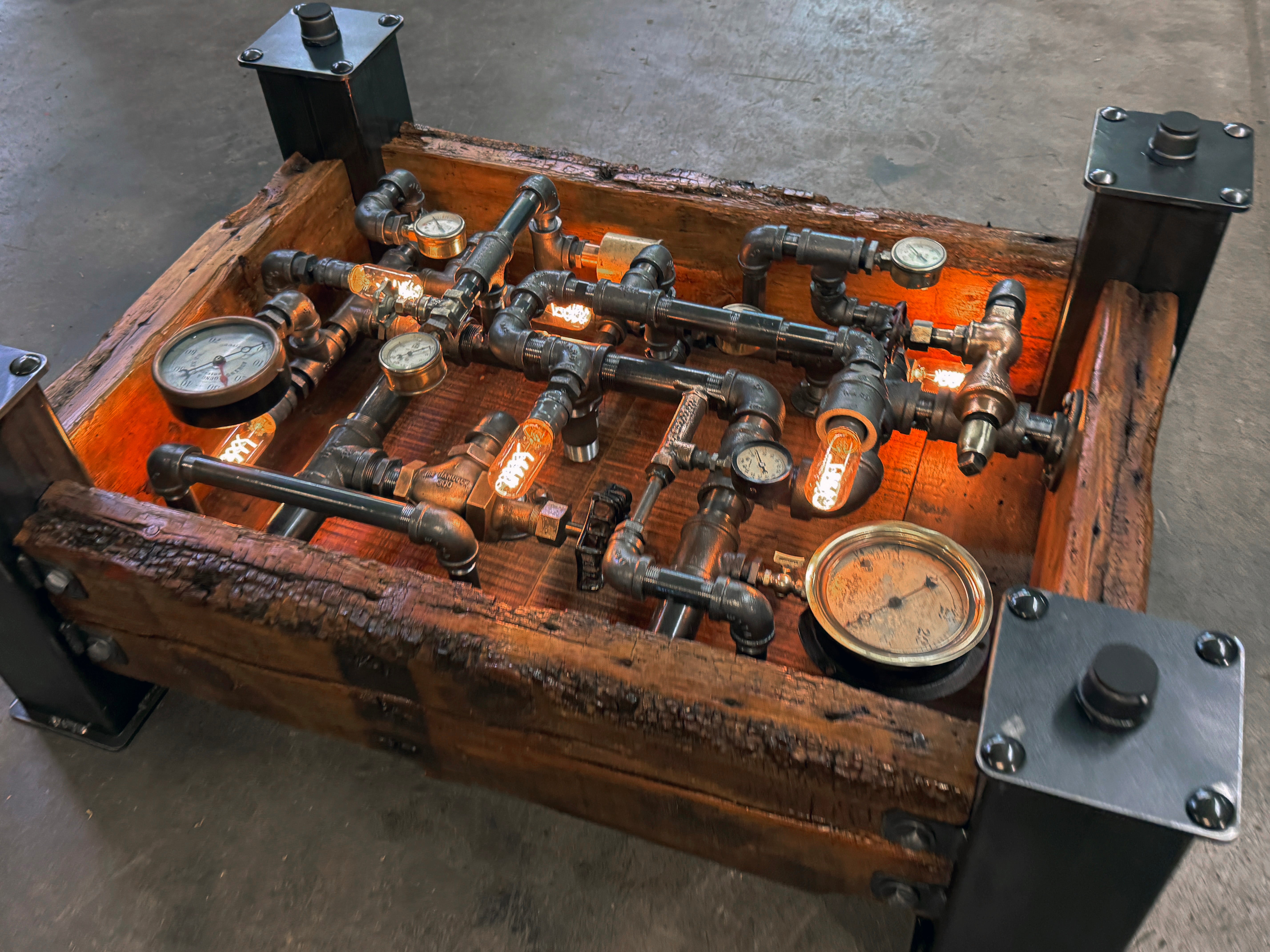 Steampunk Industrial Barnwood Coffee Table Steam Gauge #4606