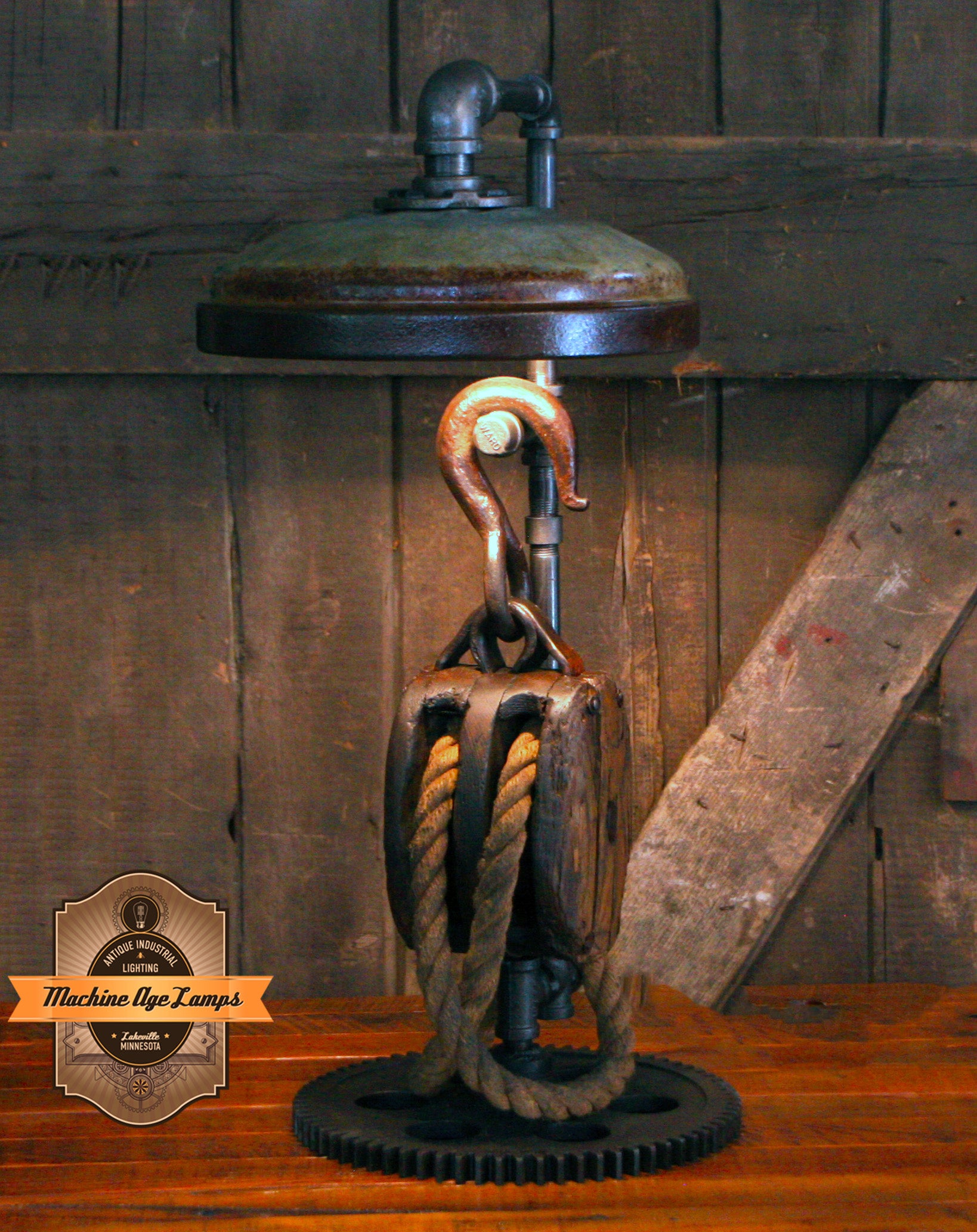 Steampunk Industrial / Antique Wood Block and Tackle Pulley / Antique Chicken Feeder Shade / Gear / Lamp #4223
