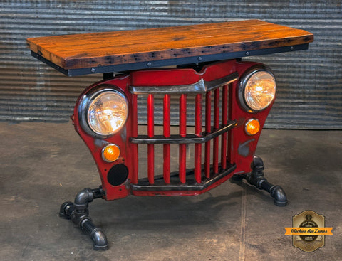 Steampunk Industrial Lighted 1950's Jeep willys Grille table barnwood top - Table #4557