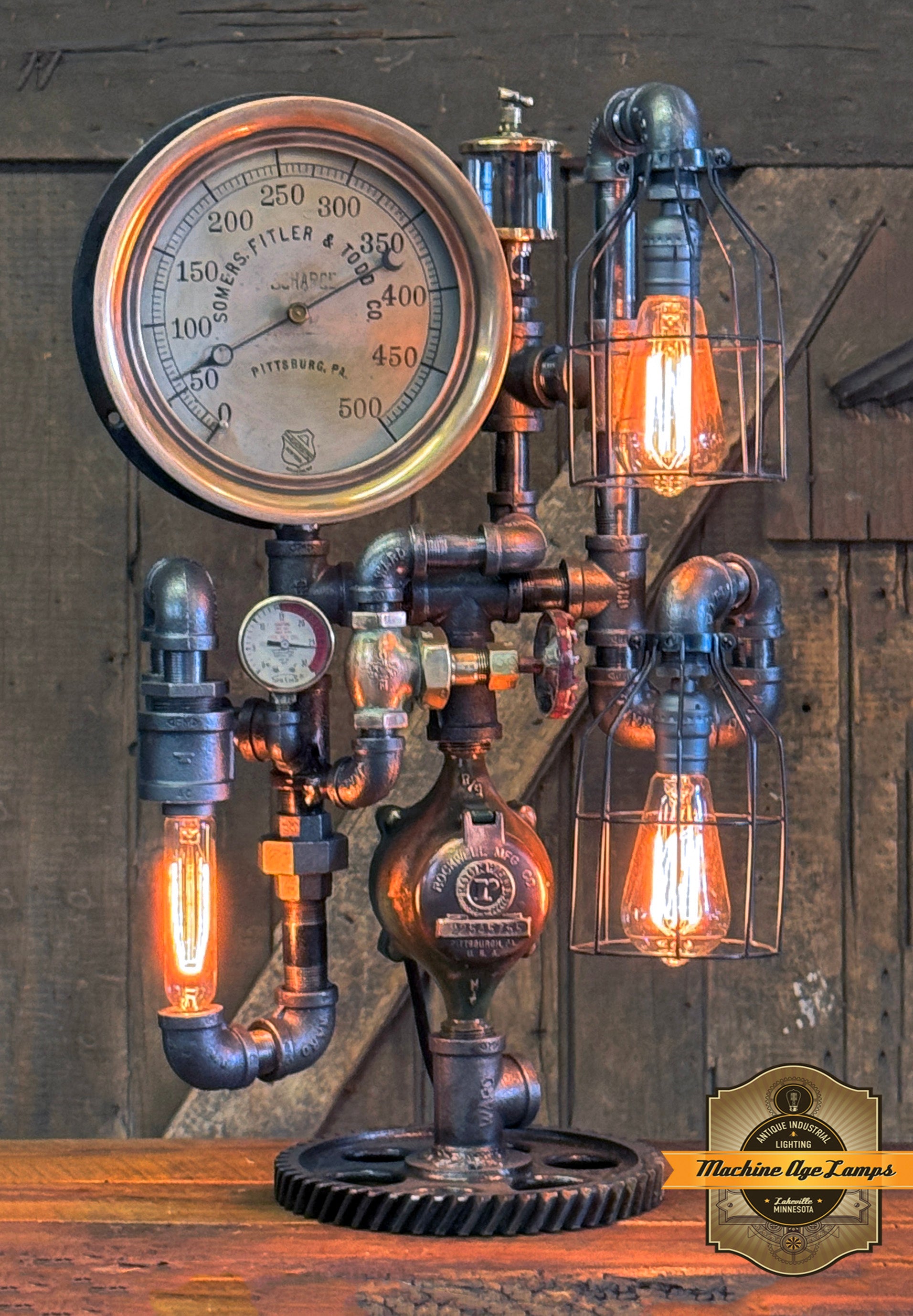 Steampunk Industrial / Antique Steam Gauge  / Pittsburg PA / Gear / Lamp #4253