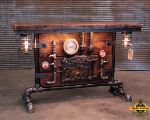 Steampunk Industrial Table / Pub, sofa console / Antique Furnace Door / Barnwood / Table #4495